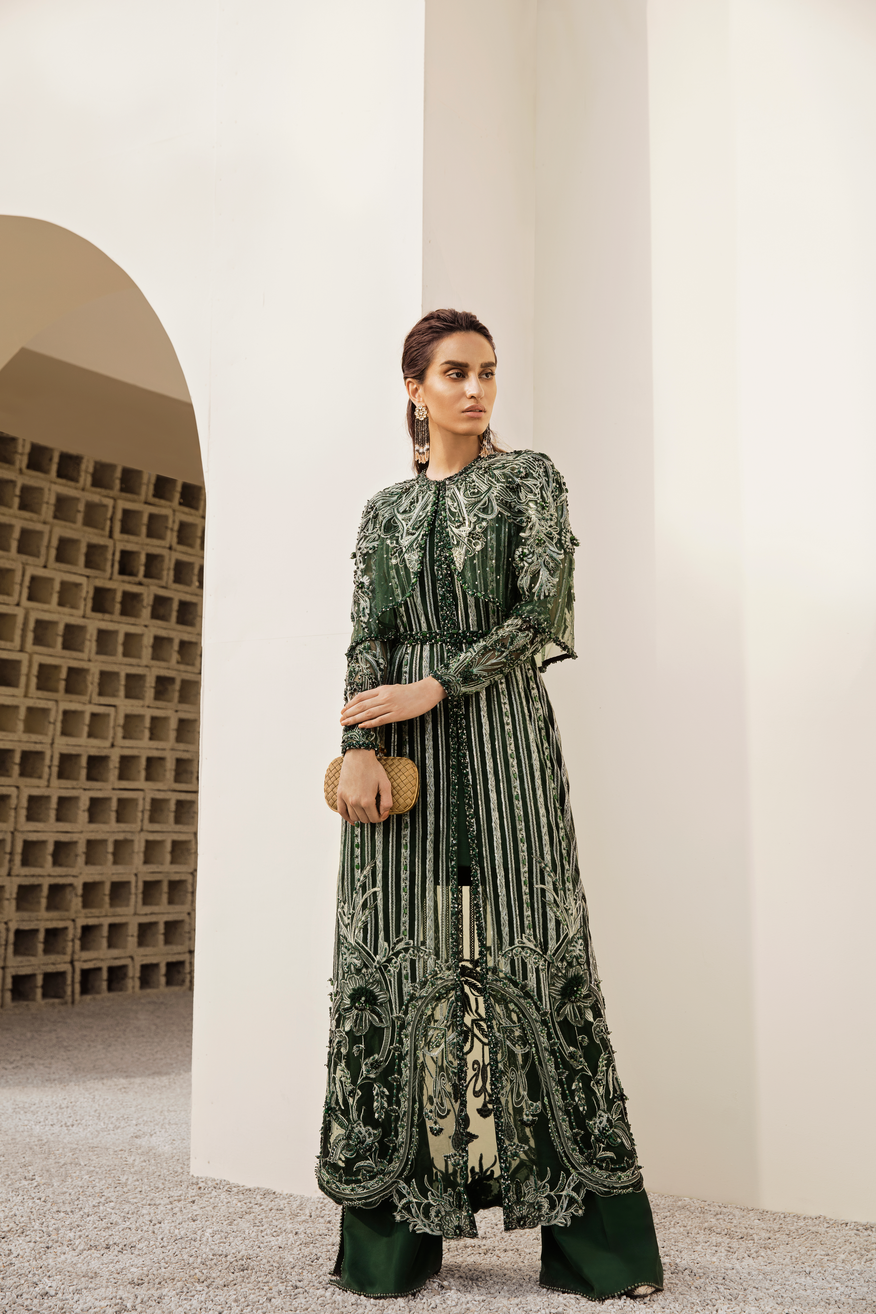 Pakistani Emerald Hand-Embellished Net Long Shirt (3-Piece) - Image 4