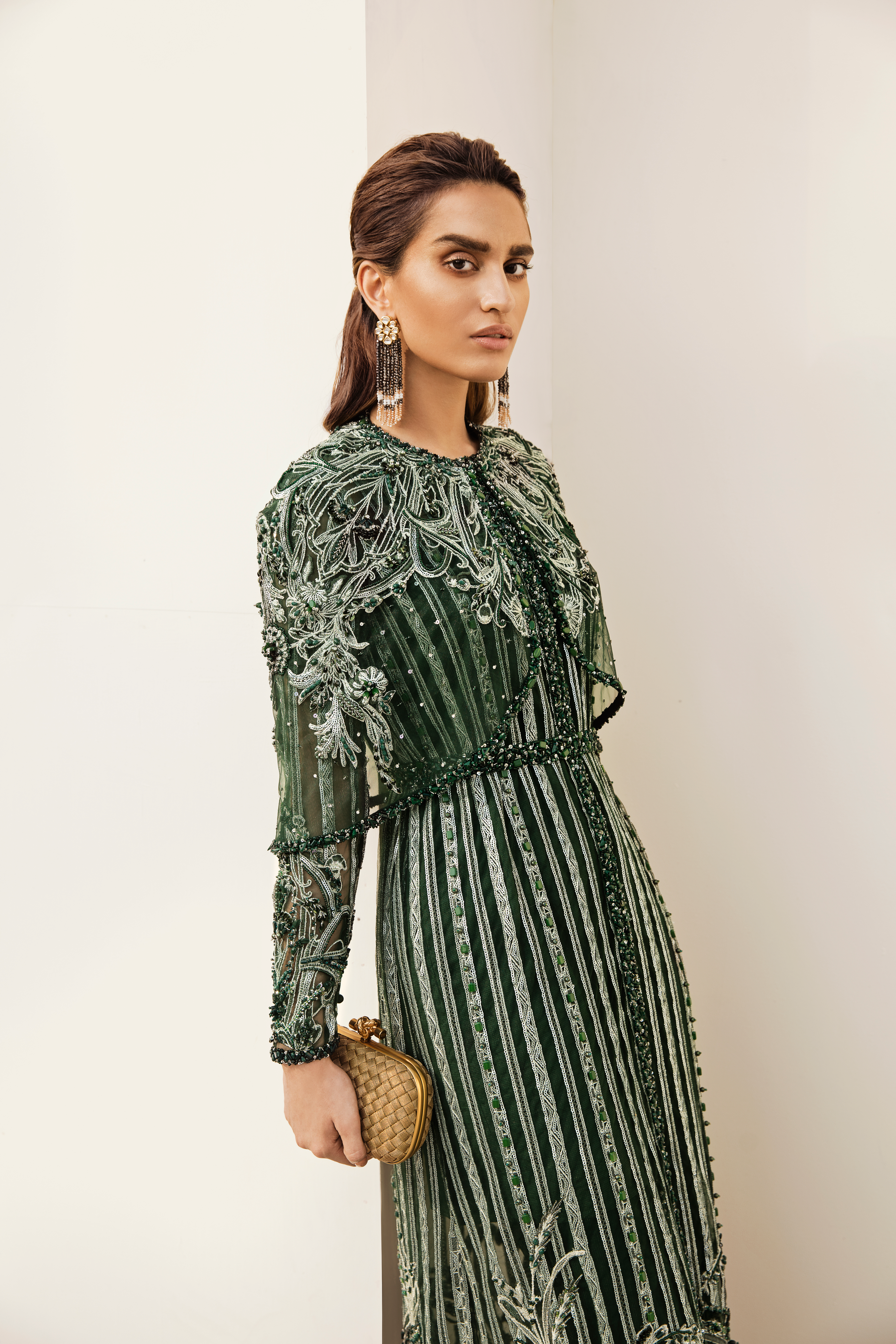 Pakistani Emerald Hand-Embellished Net Long Shirt (3-Piece) - Image 5