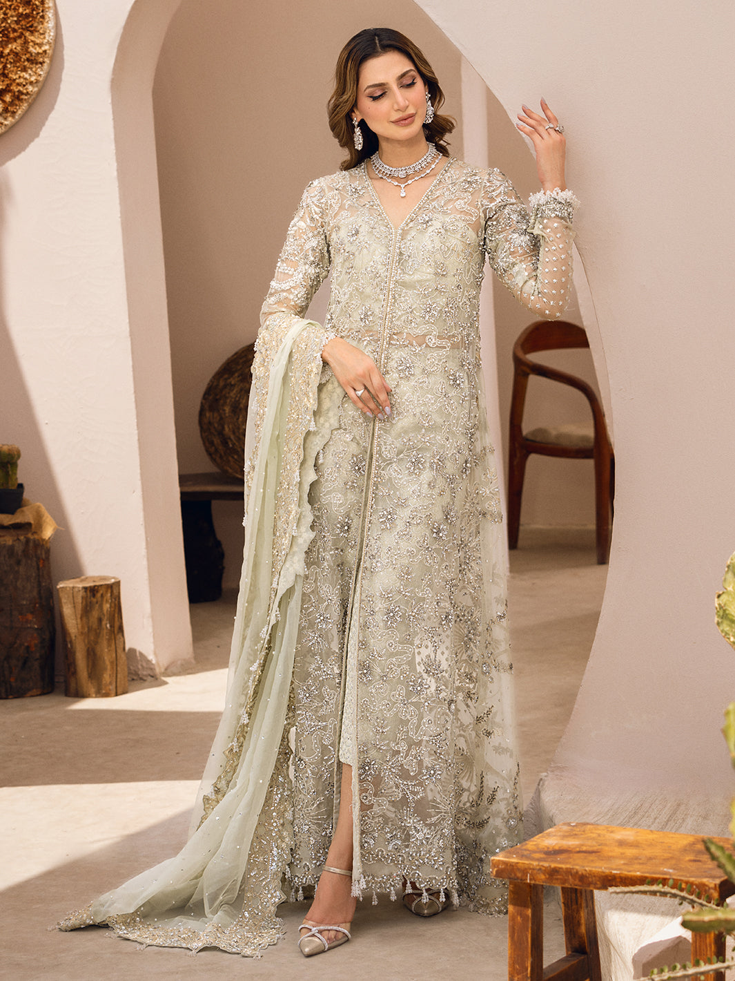 Pista Green Hand-Embellished Raw Silk Salwar Kameez (3-Piece) - Image 2