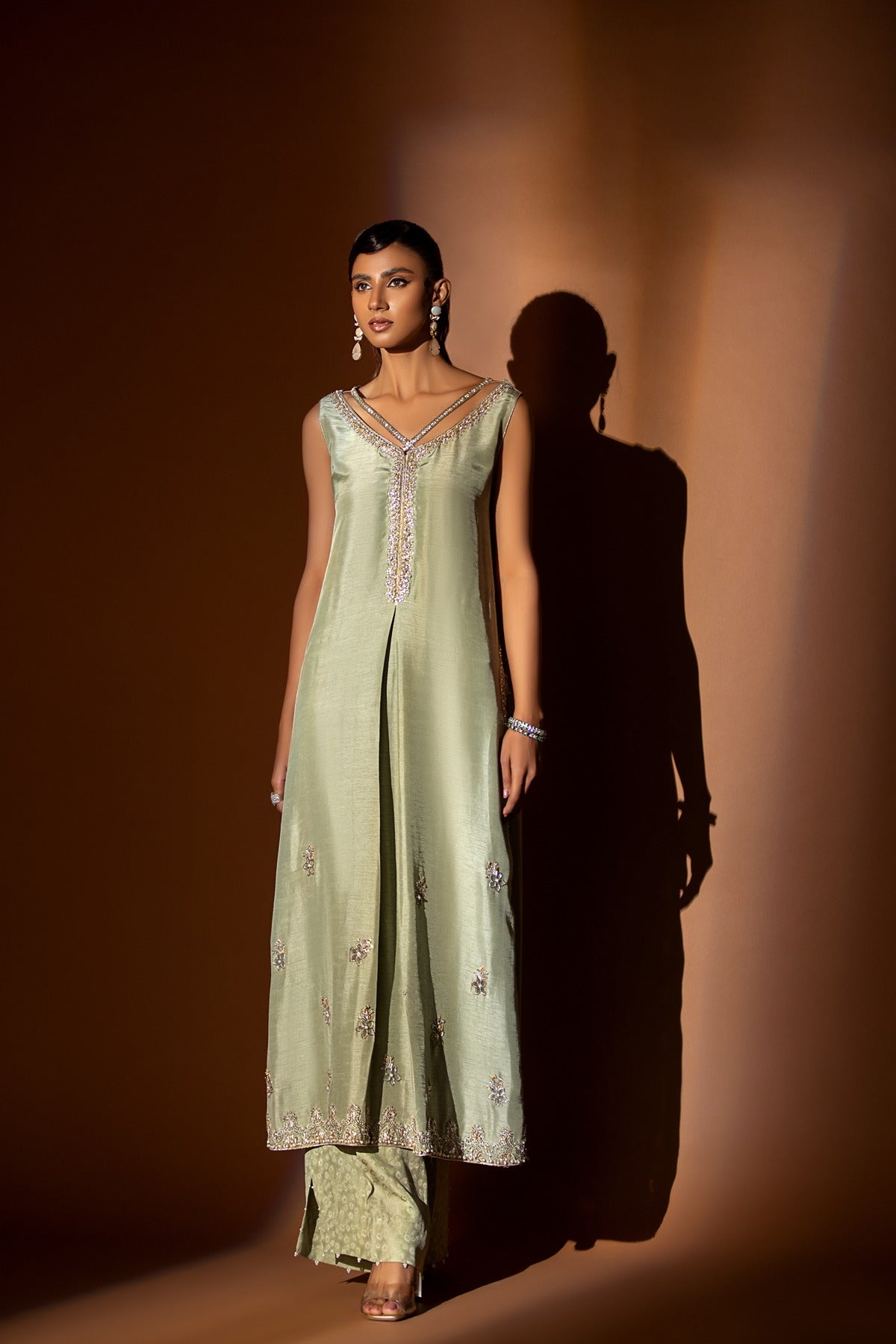 Pakistani Pistachio Green Embellished Raw Silk Salwar Kameez (2-Piece) - Image 1