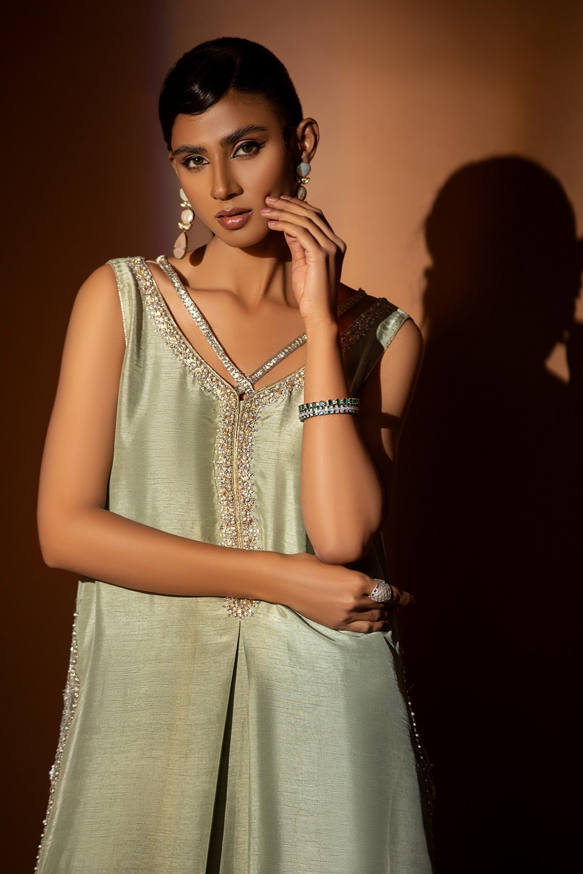 Pakistani Pistachio Green Embellished Raw Silk Salwar Kameez (2-Piece) - Image 2