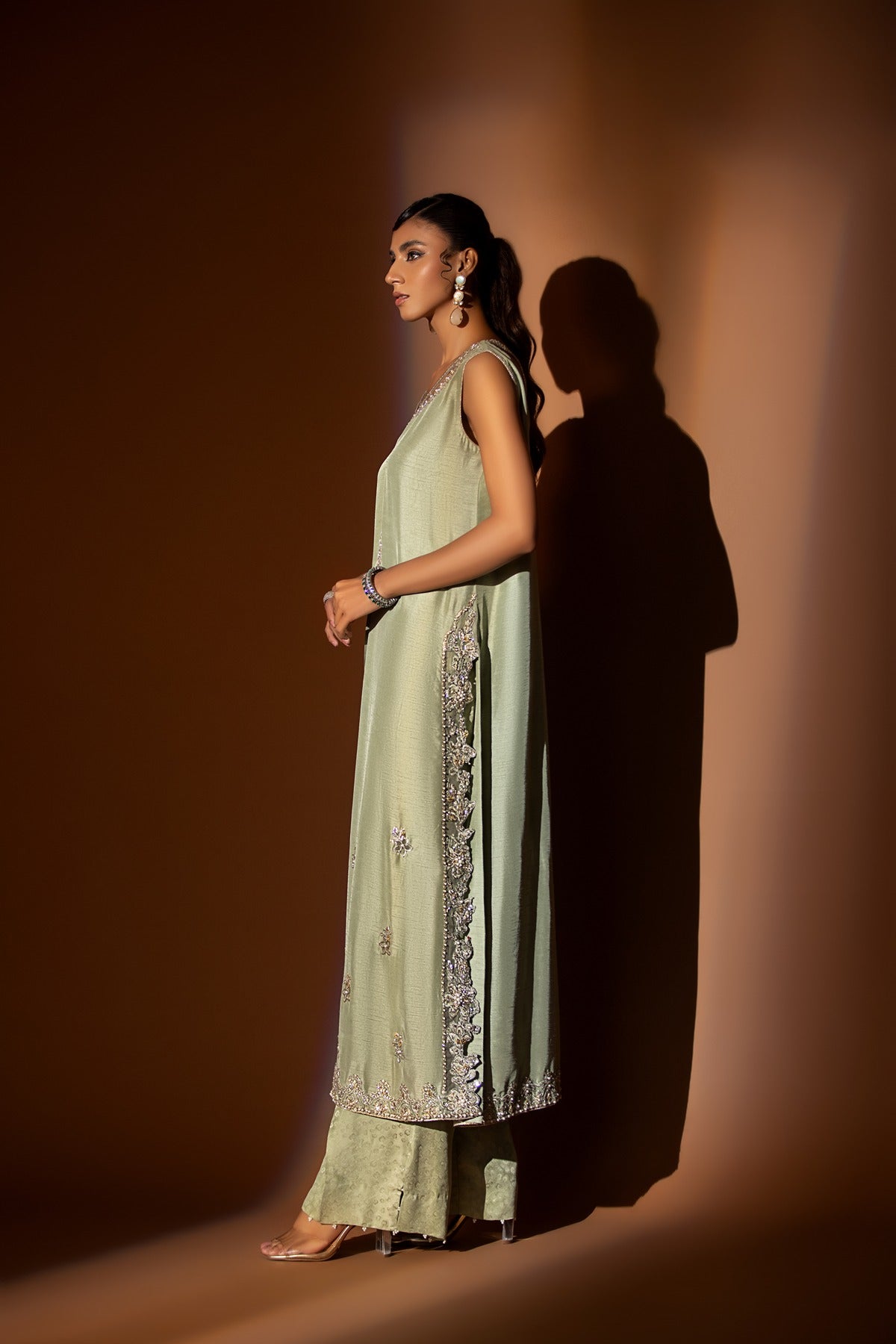 Pakistani Pistachio Green Embellished Raw Silk Salwar Kameez (2-Piece) - Image 3
