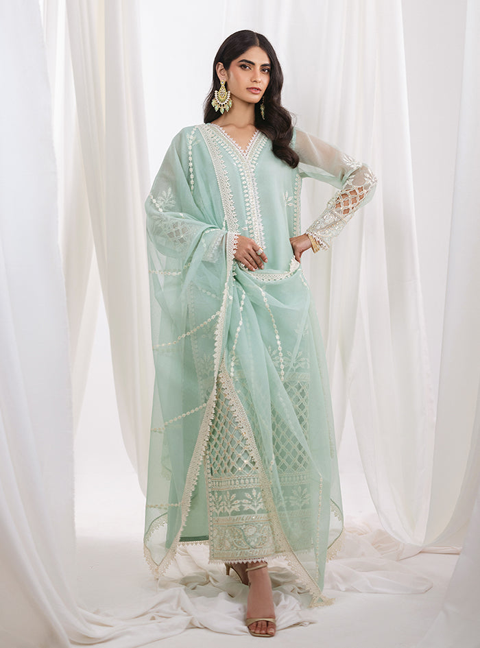 Pakistani Mint Green Cutwork Embroidered Net & Silk Long Shirt (3-Piece) - Image 1