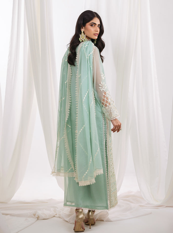 Pakistani Mint Green Cutwork Embroidered Net & Silk Long Shirt (3-Piece) - Image 10