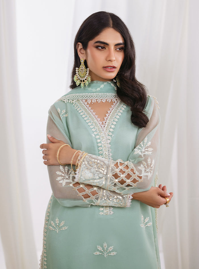 Pakistani Mint Green Cutwork Embroidered Net & Silk Long Shirt (3-Piece) - Image 3
