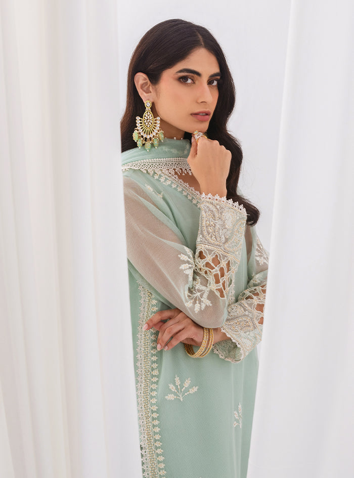Pakistani Mint Green Cutwork Embroidered Net & Silk Long Shirt (3-Piece) - Image 4