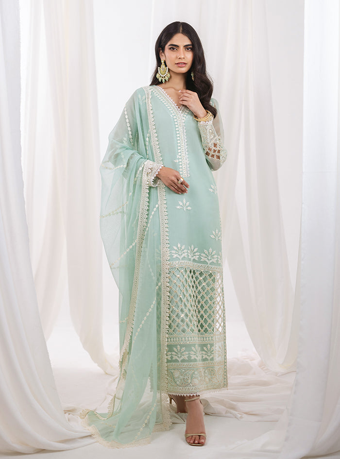 Pakistani Mint Green Cutwork Embroidered Net & Silk Long Shirt (3-Piece) - Image 5