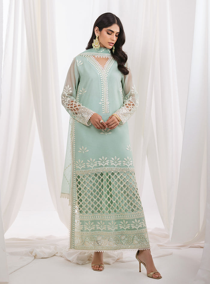 Pakistani Mint Green Cutwork Embroidered Net & Silk Long Shirt (3-Piece) - Image 6