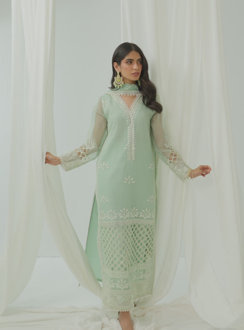 Pakistani Mint Green Cutwork Embroidered Net & Silk Long Shirt (3-Piece) - Image 7