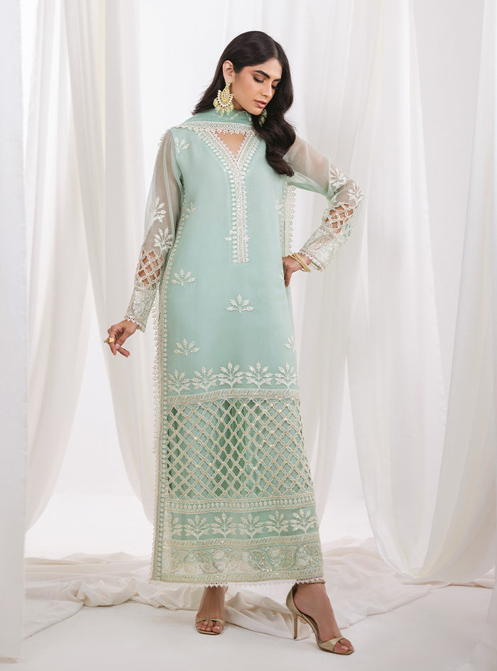 Pakistani Mint Green Cutwork Embroidered Net & Silk Long Shirt (3-Piece) - Image 8