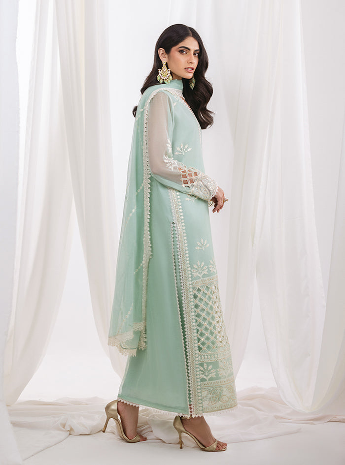 Pakistani Mint Green Cutwork Embroidered Net & Silk Long Shirt (3-Piece) - Image 9