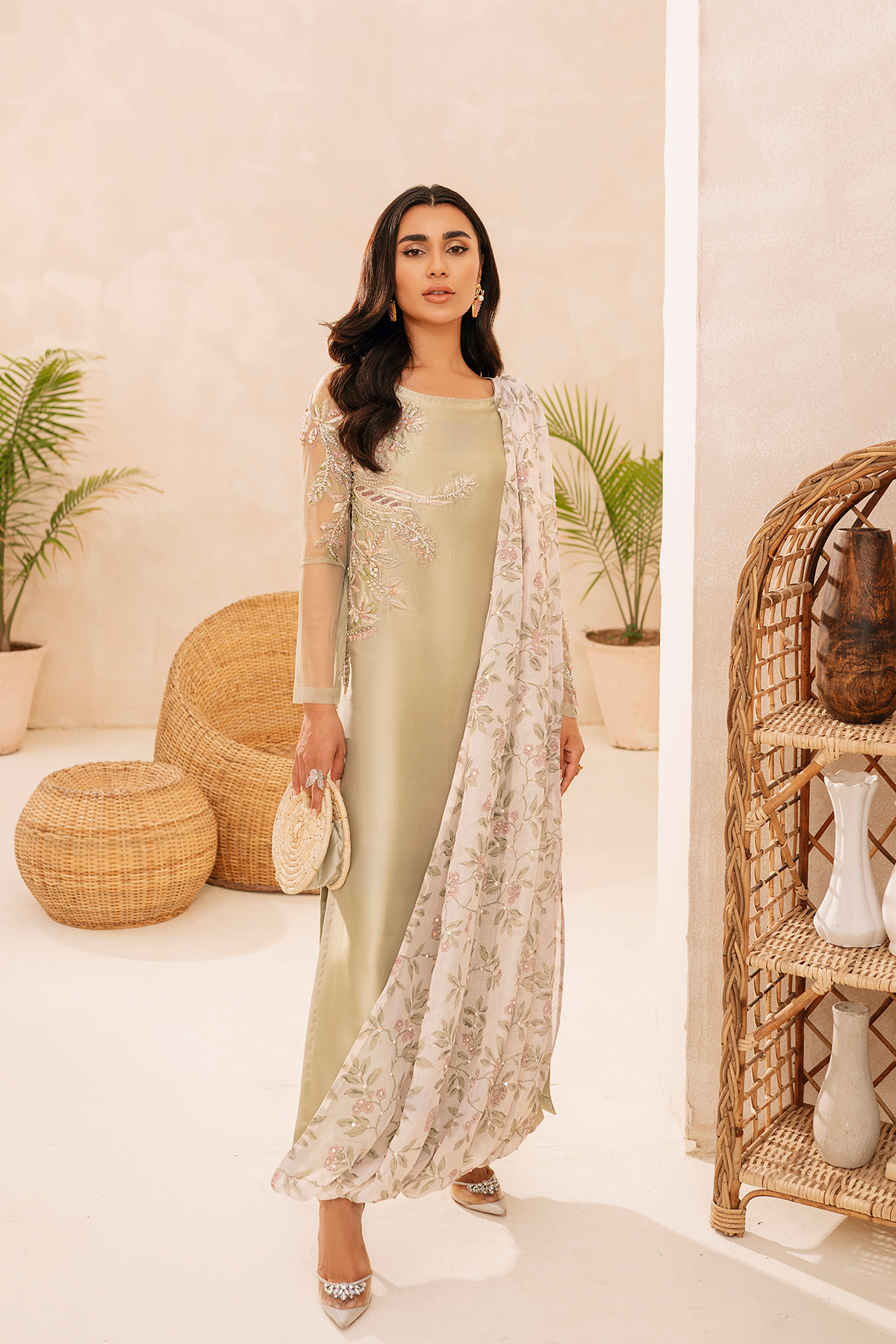 Pastel Green Embroidered Raw Silk Salwar Kameez (3-Piece) - Image 1