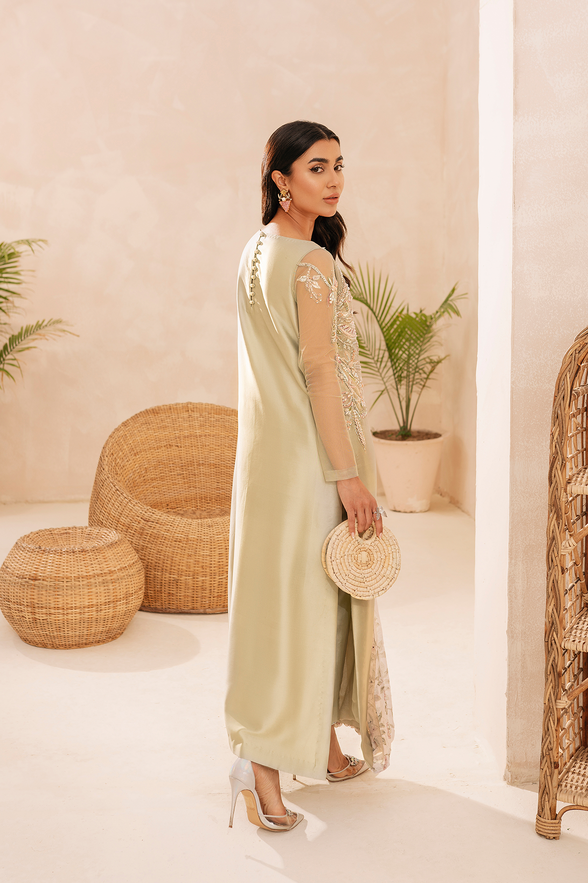 Pastel Green Embroidered Raw Silk Salwar Kameez (3-Piece) - Image 2