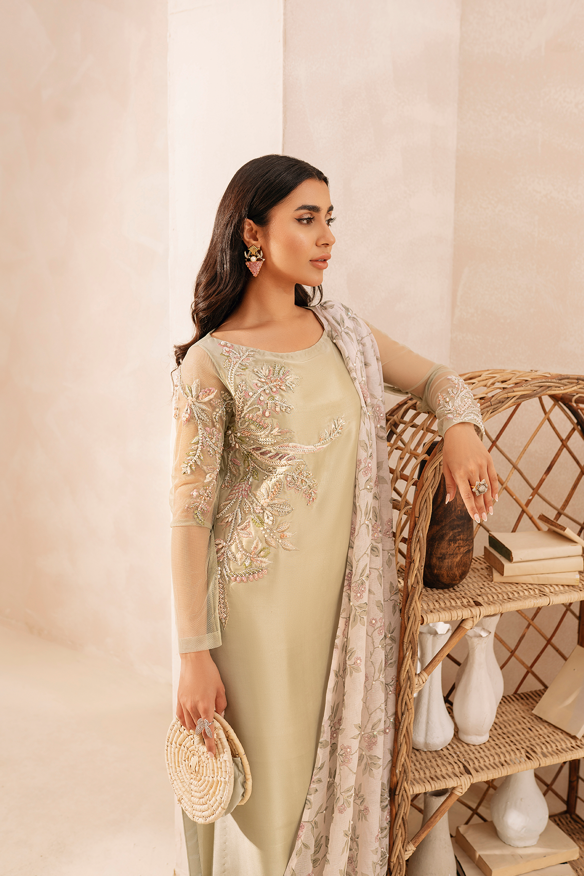 Pastel Green Embroidered Raw Silk Salwar Kameez (3-Piece) - Image 3