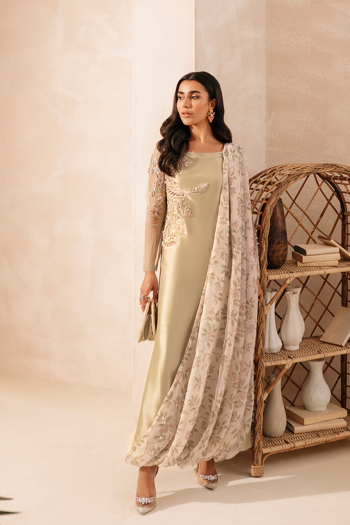 Pastel Green Embroidered Raw Silk Salwar Kameez (3-Piece) - Image 4