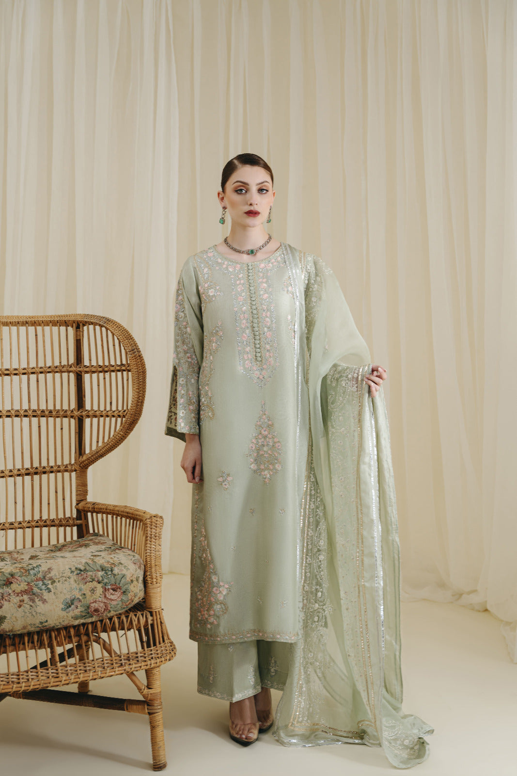 Mint Green Floral Embroidered Raw Silk Salwar Kameez (3-Piece) - Image 1