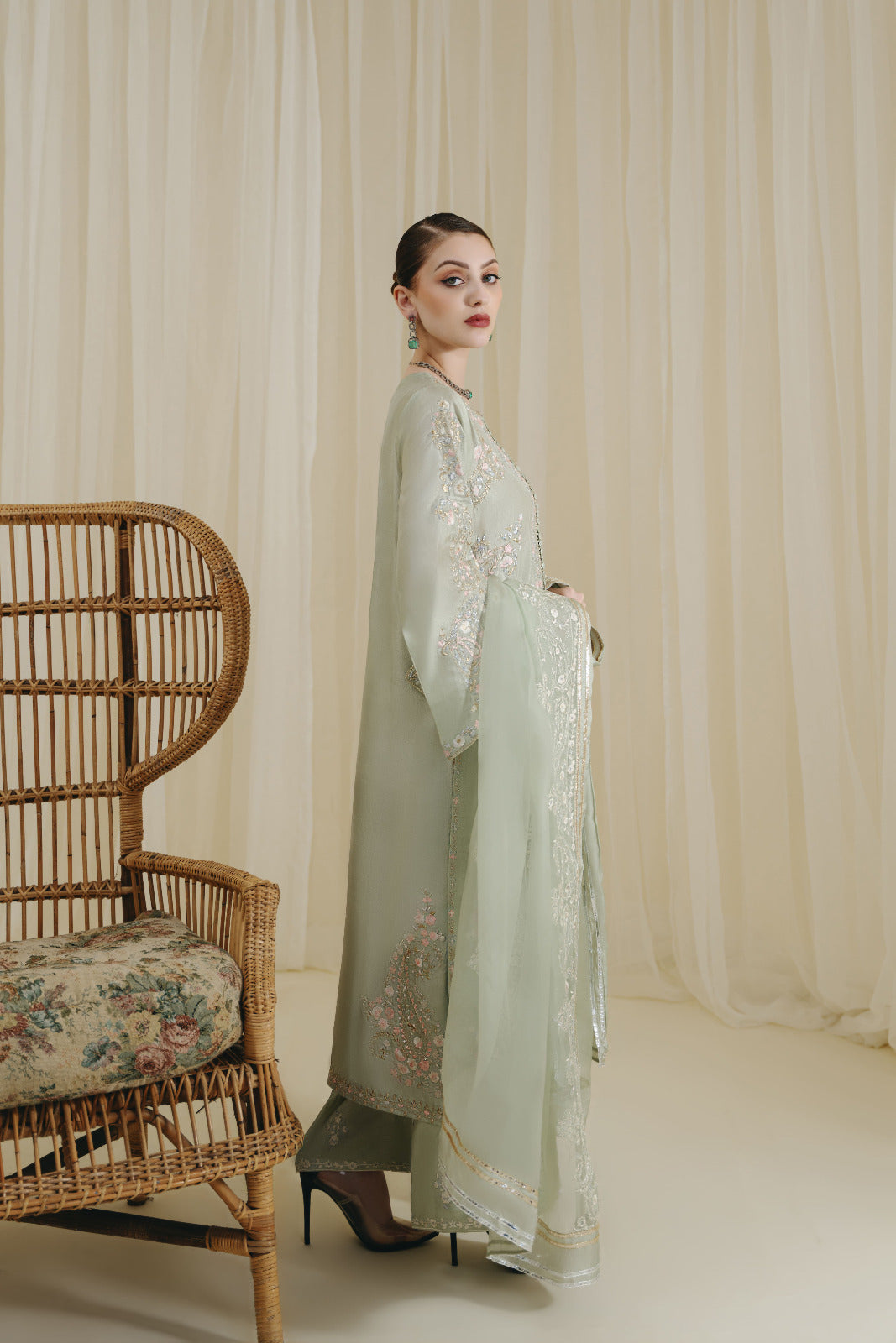 Mint Green Floral Embroidered Raw Silk Salwar Kameez (3-Piece) - Image 2