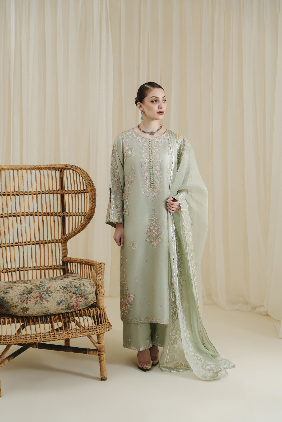 Mint Green Floral Embroidered Raw Silk Salwar Kameez (3-Piece) - Image 3