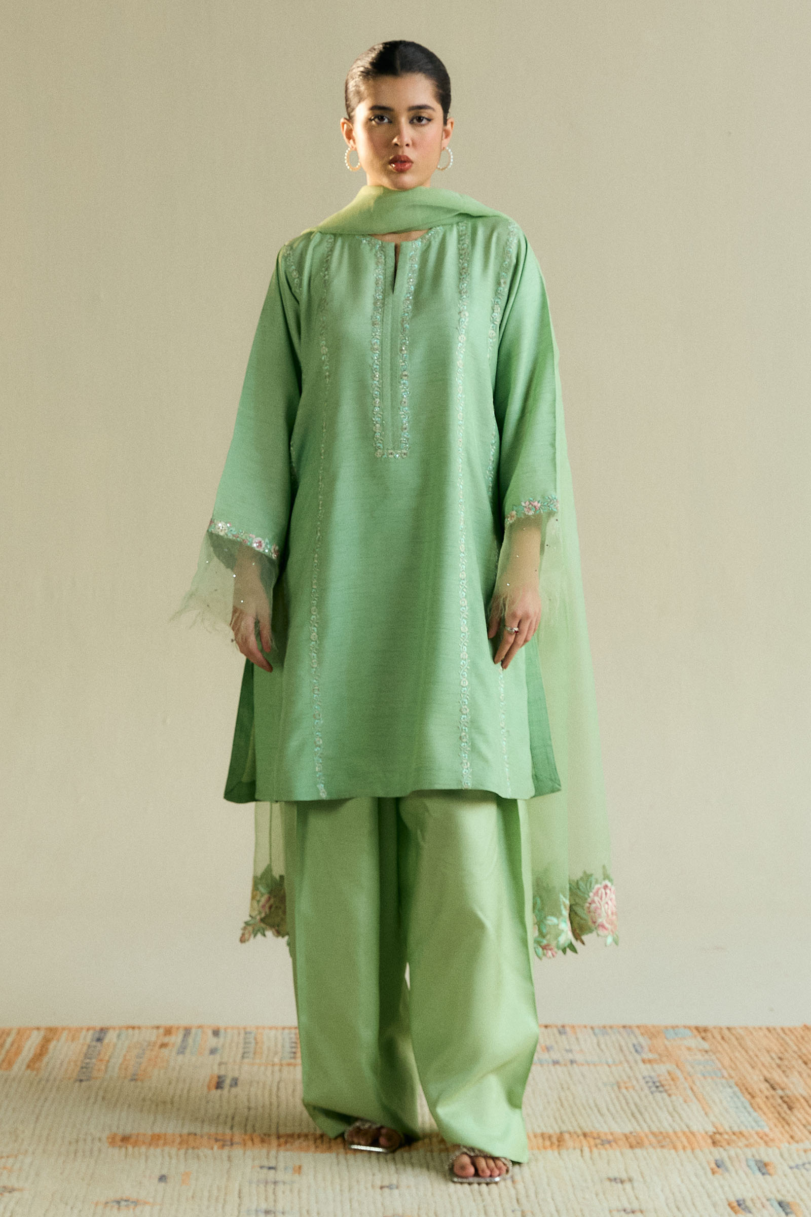 Pakistani Mint Green Gara Embroidered Raw Silk Kurta Set (3-Piece) - Image 1