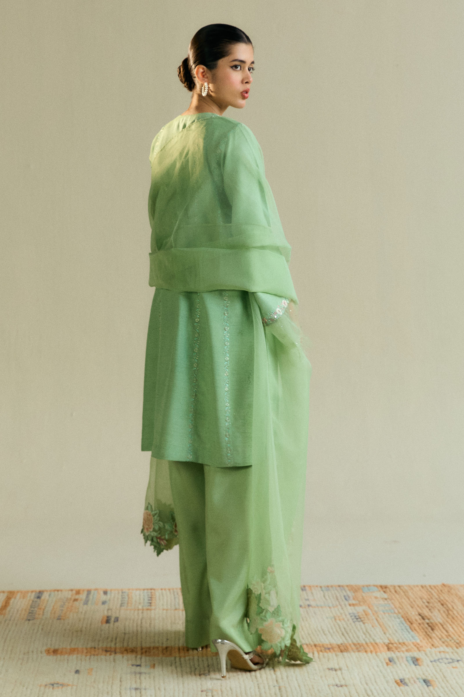 Pakistani Mint Green Gara Embroidered Raw Silk Kurta Set (3-Piece) - Image 4