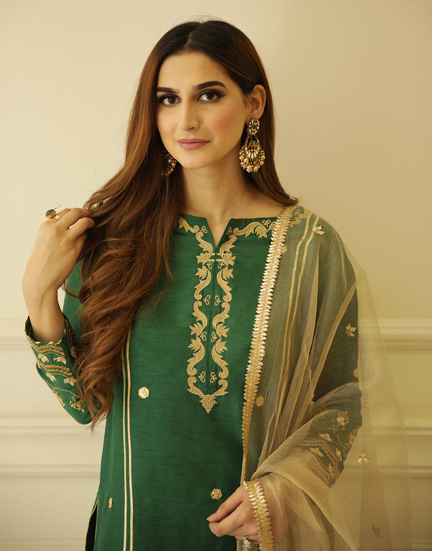 Emerald Green Embroidered Raw Silk Salwar Kameez (3-Piece) - Image 1
