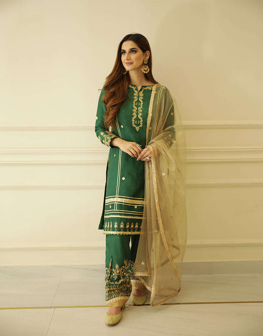 Emerald Green Embroidered Raw Silk Salwar Kameez (3-Piece) - Image 3