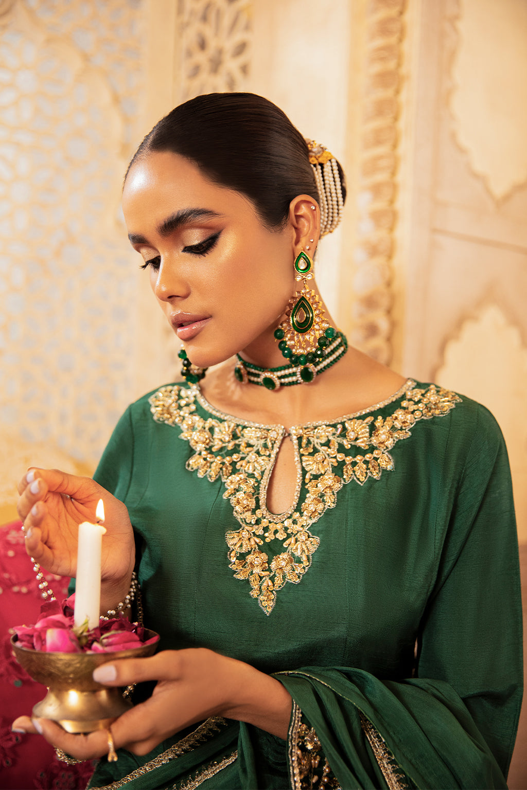 Pakistani Deep Emerald Gold Embroidered Raw Silk Salwar Kameez (3-Piece) - Image 5