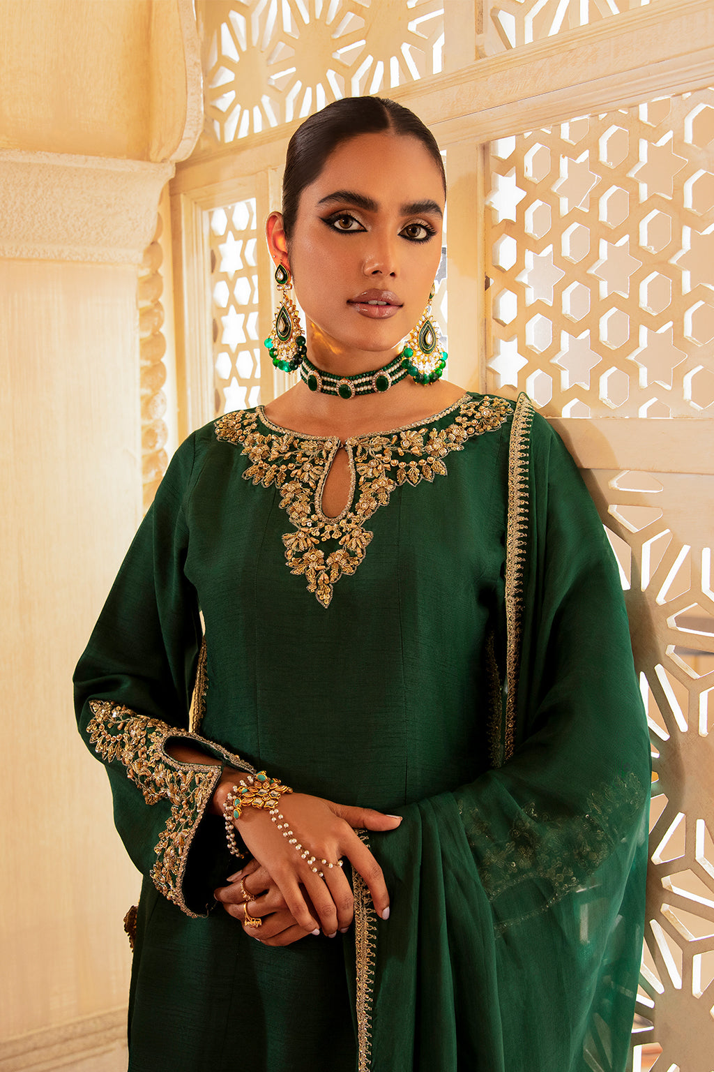 Pakistani Deep Emerald Gold Embroidered Raw Silk Salwar Kameez (3-Piece) - Image 6