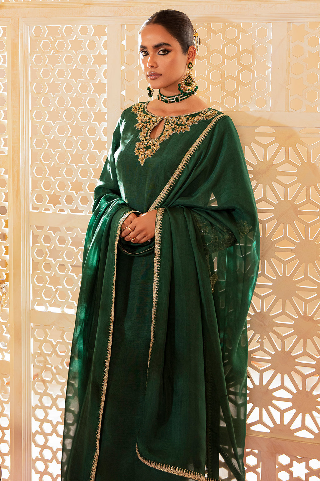 Pakistani Deep Emerald Gold Embroidered Raw Silk Salwar Kameez (3-Piece) - Image 7