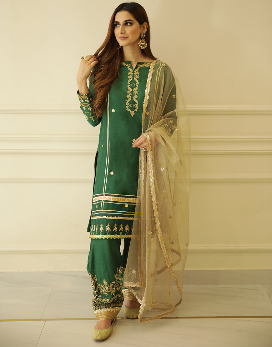 Emerald Green Embroidered Raw Silk Salwar Kameez (3-Piece) - Image 2