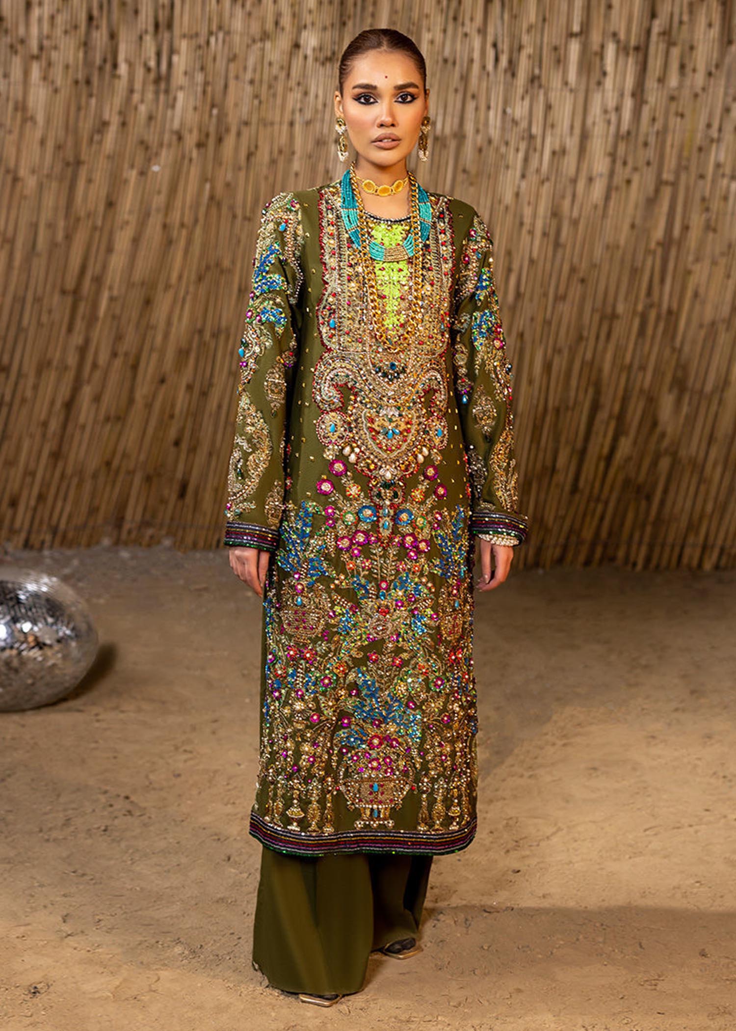 Pakistani Dry Mehendi Green Embroidered Raw Silk Salwar Kameez (3-Piece) - Image 2