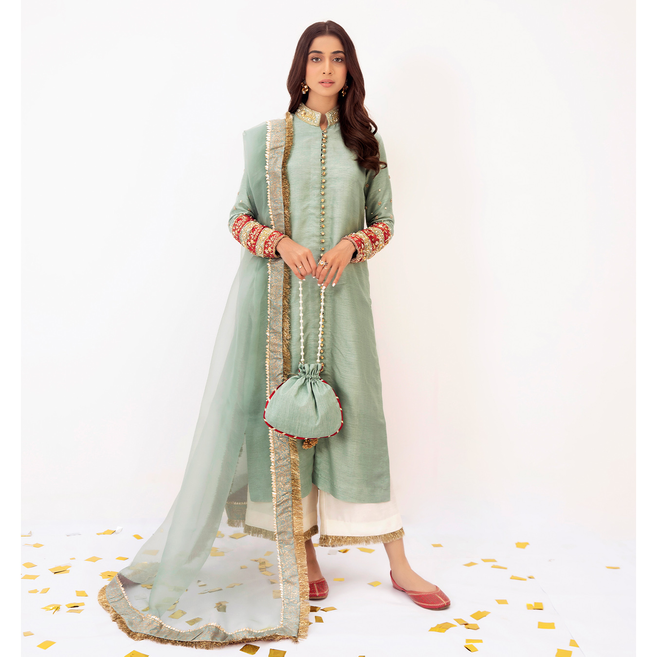 Pakistani Duck Egg Green Embroidered Korean Raw Silk Salwar Kameez (4-Piece) - Image 1