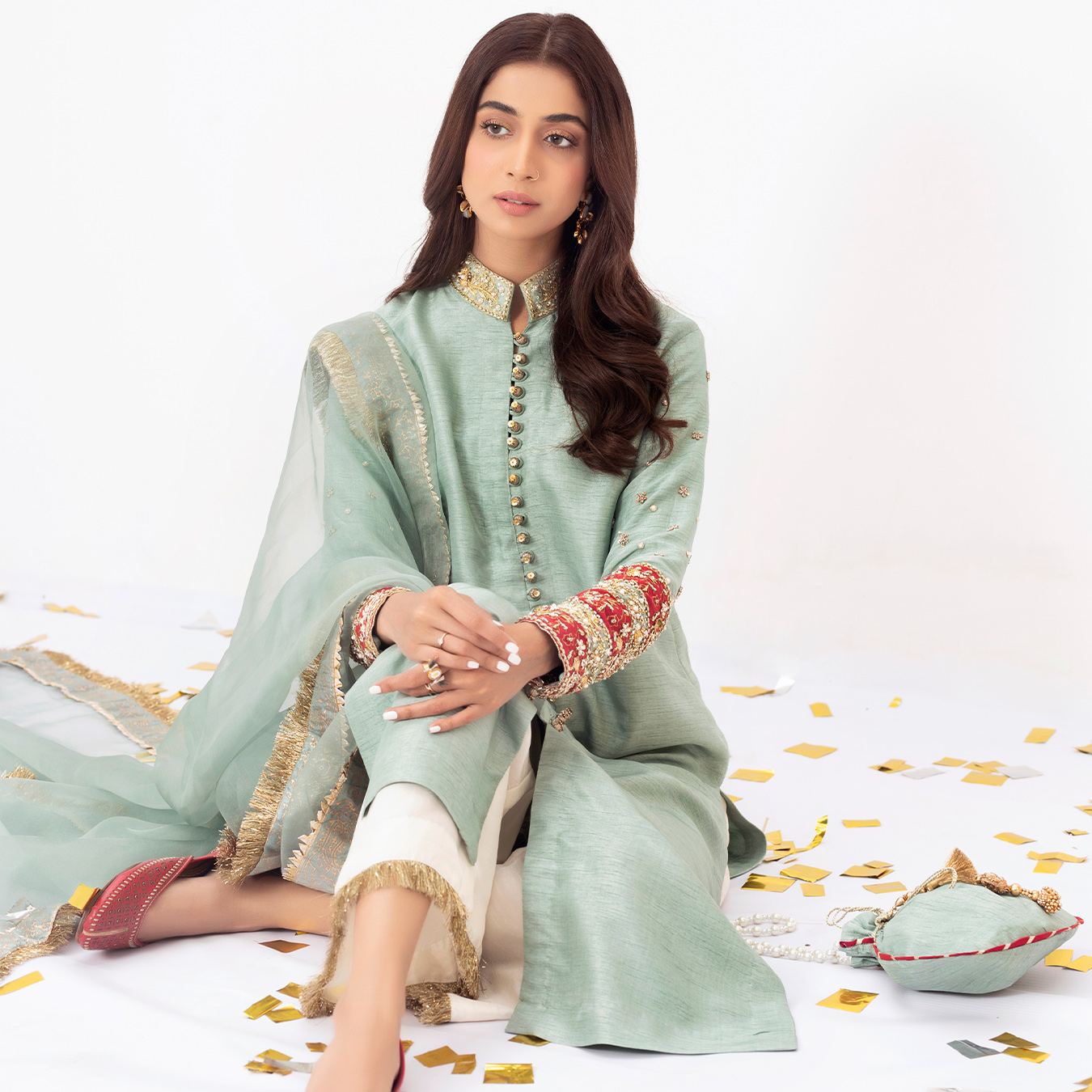 Pakistani Duck Egg Green Embroidered Korean Raw Silk Salwar Kameez (4-Piece) - Image 2