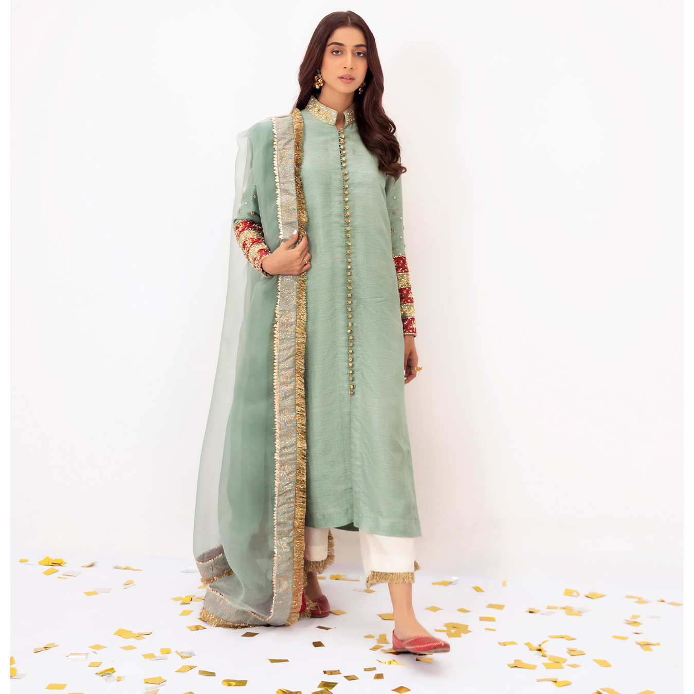 Pakistani Duck Egg Green Embroidered Korean Raw Silk Salwar Kameez (4-Piece) - Image 3