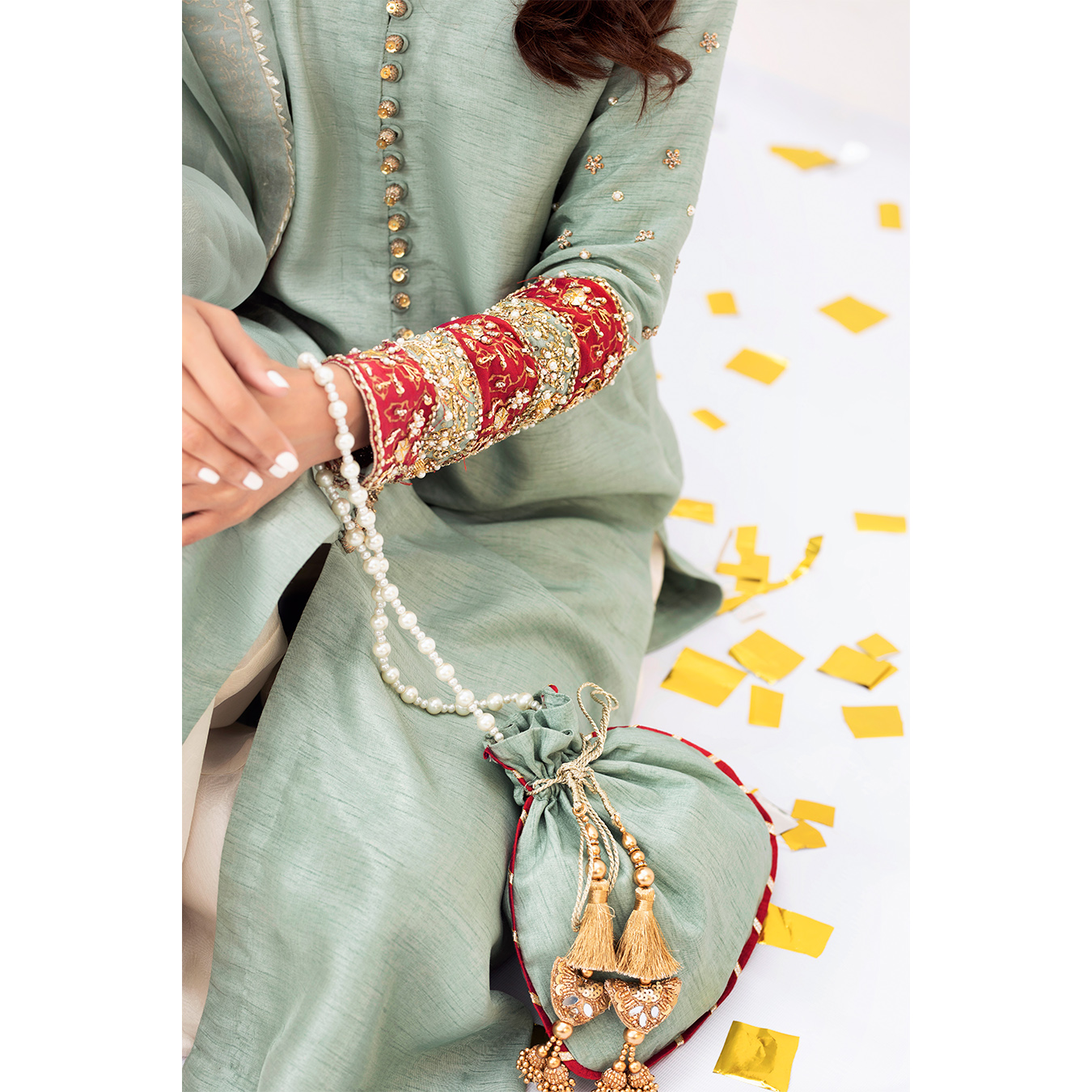 Pakistani Duck Egg Green Embroidered Korean Raw Silk Salwar Kameez (4-Piece) - Image 4