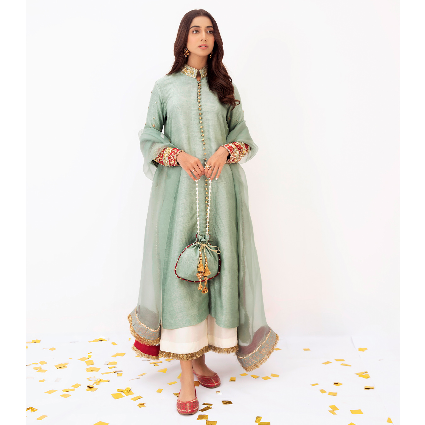 Pakistani Duck Egg Green Embroidered Korean Raw Silk Salwar Kameez (4-Piece) - Image 5