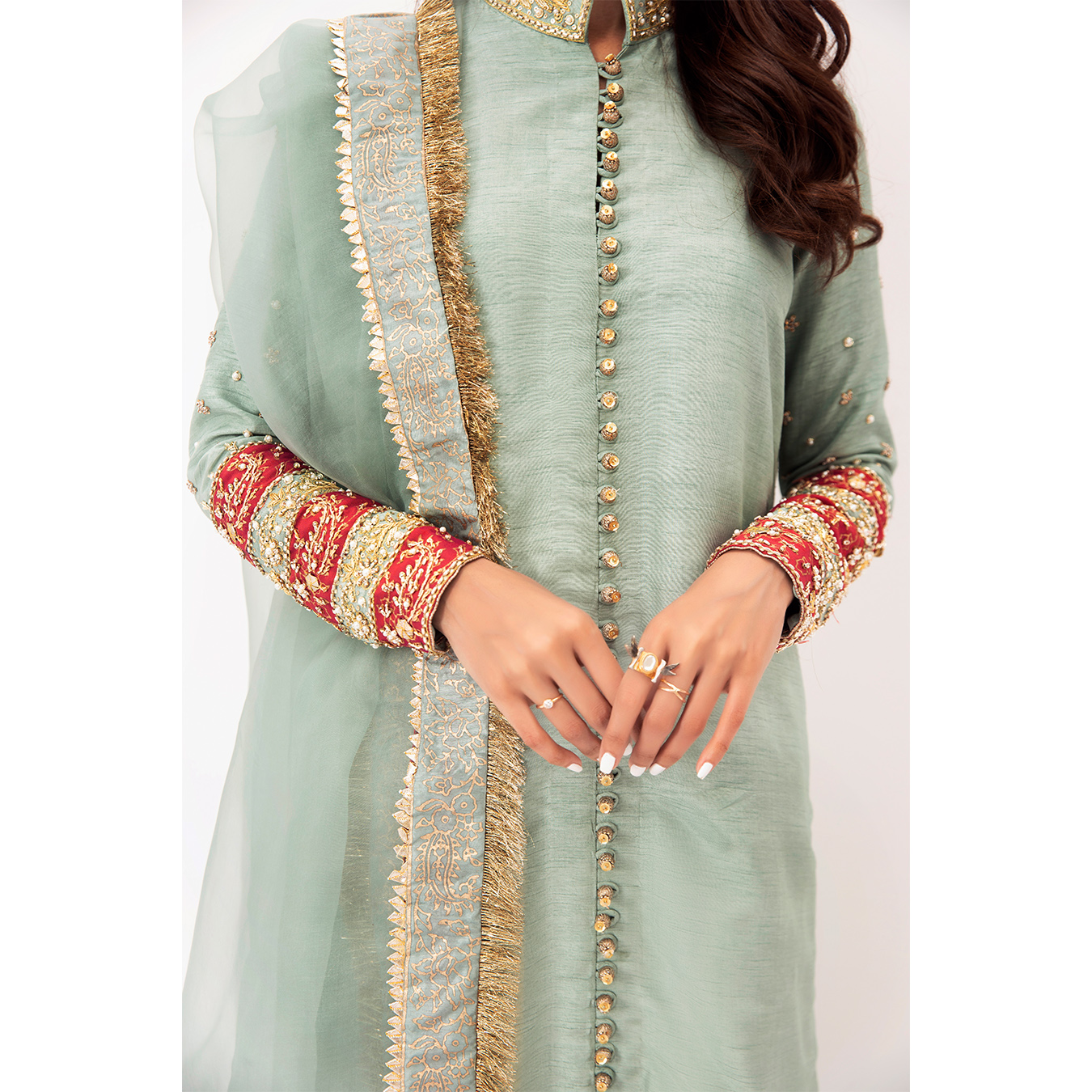 Pakistani Duck Egg Green Embroidered Korean Raw Silk Salwar Kameez (4-Piece) - Image 6