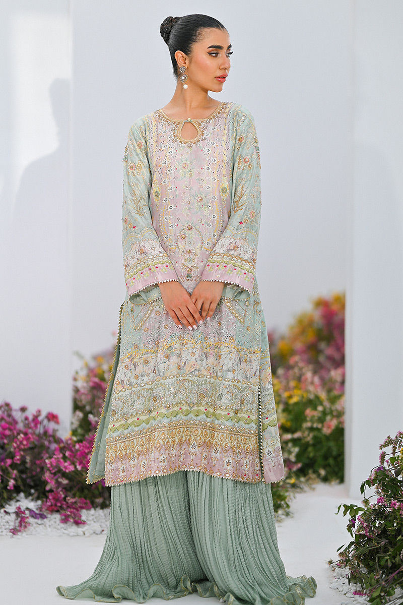 Mint Green Embellished Raw Silk Kurta Set (3-Piece) - Image 2