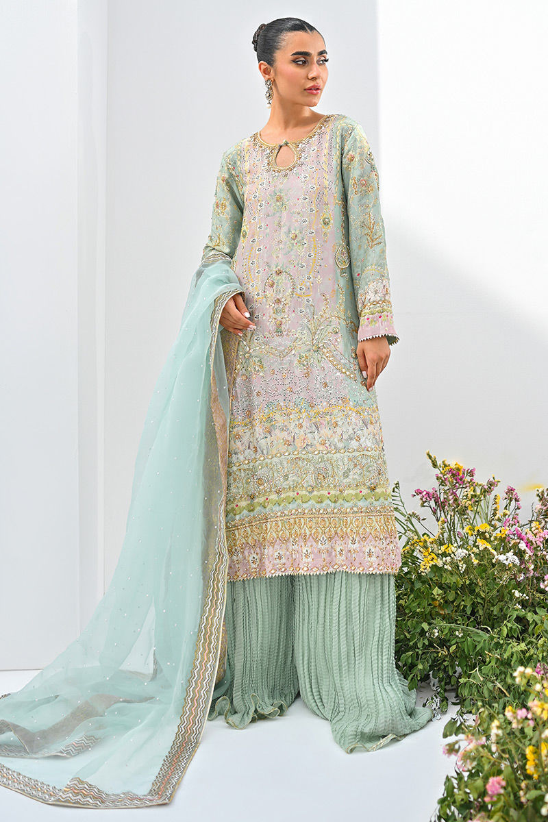 Mint Green Embellished Raw Silk Kurta Set (3-Piece) - Image 4