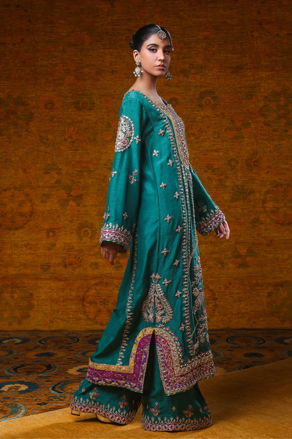 Emerald Green Gota Zardozi Silk Salwar Kameez (2-Piece) - Image 1