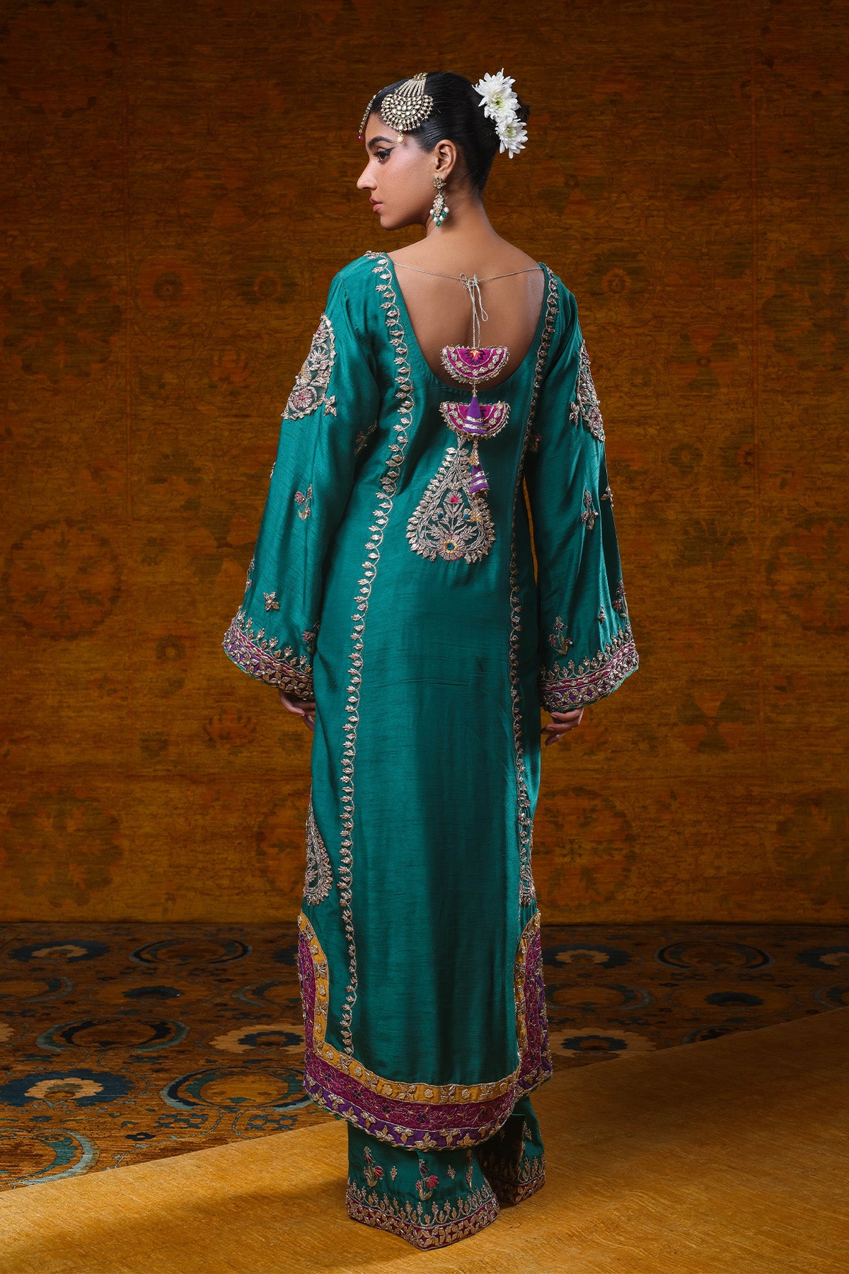 Emerald Green Gota Zardozi Silk Salwar Kameez (2-Piece) - Image 2