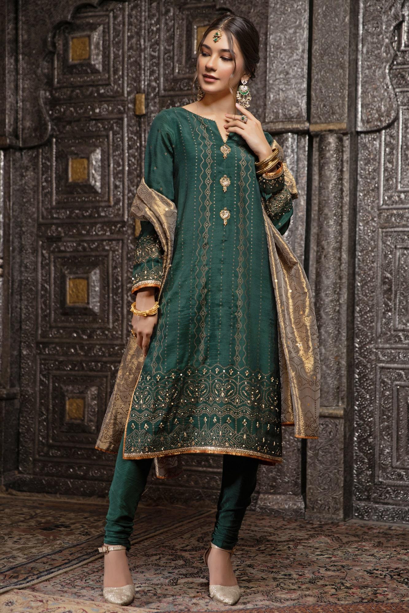 Pakistani Emerald Green Embroidered Raw Silk Salwar Kameez (3-Piece) - Image 2