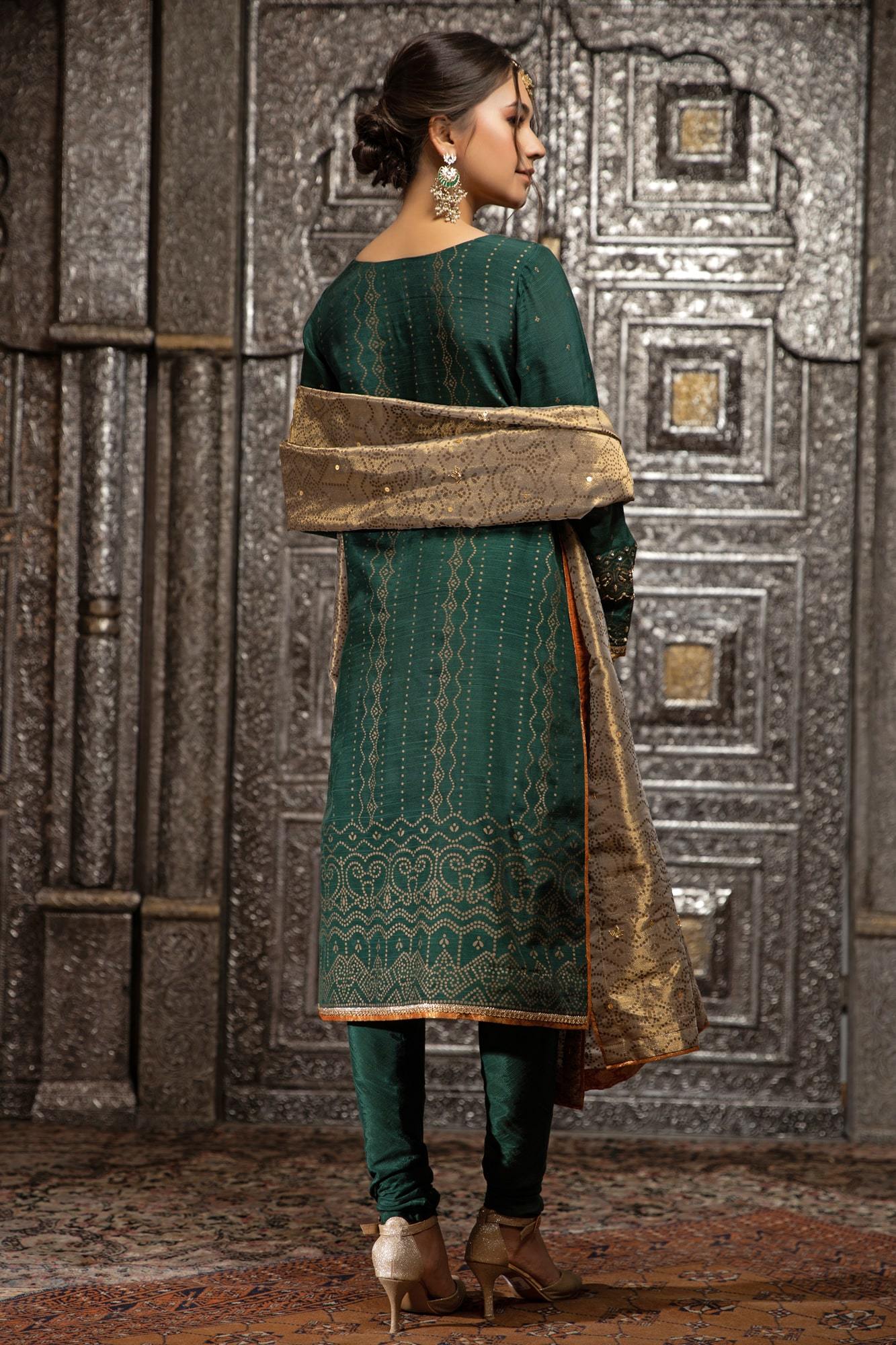 Pakistani Emerald Green Embroidered Raw Silk Salwar Kameez (3-Piece) - Image 4