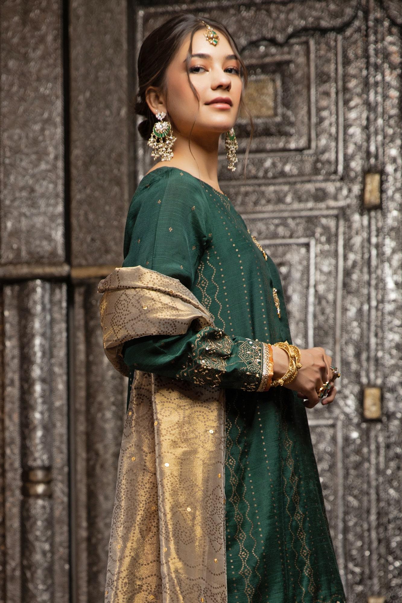 Pakistani Emerald Green Embroidered Raw Silk Salwar Kameez (3-Piece) - Image 5