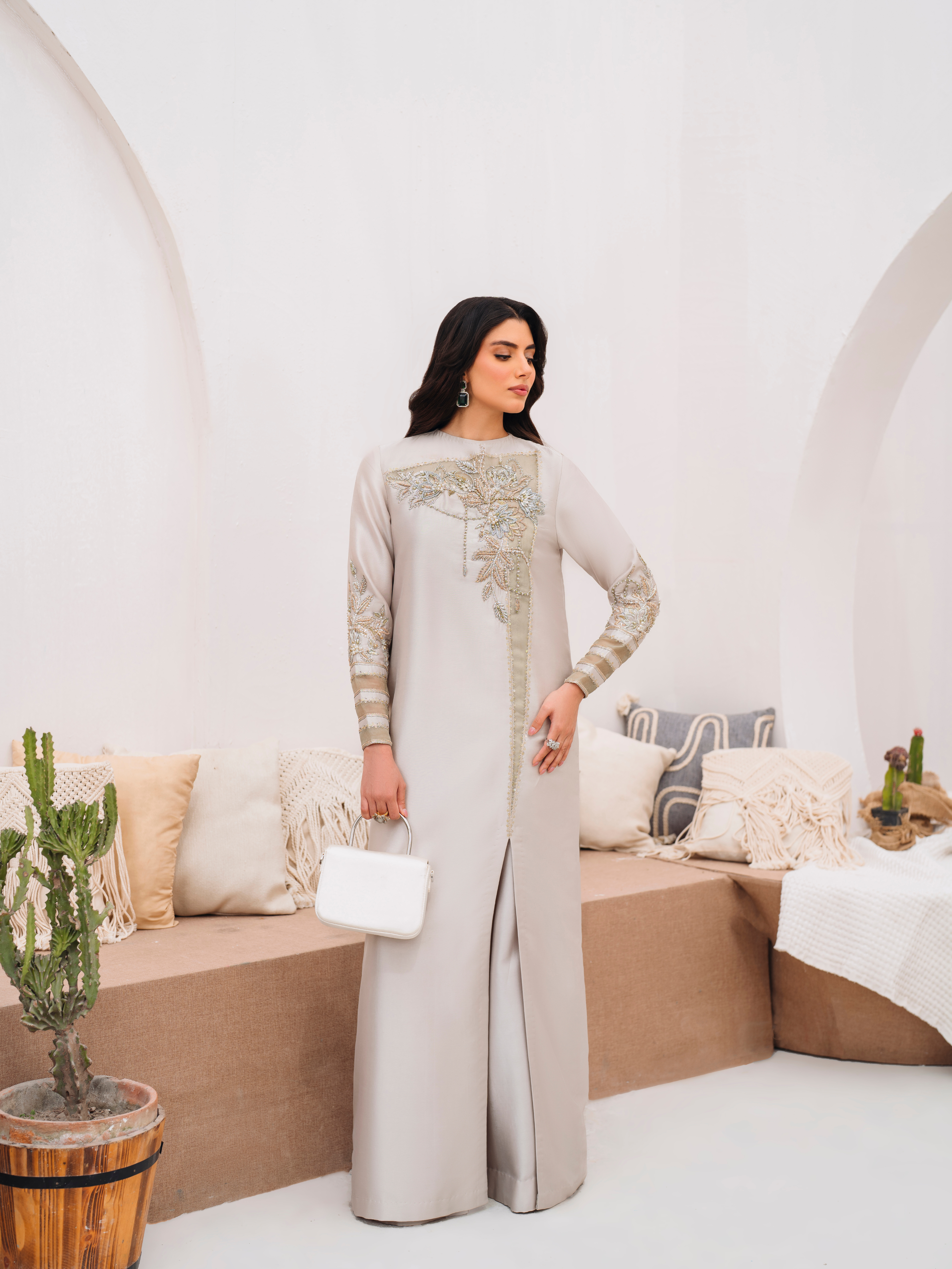 Pakistani Misty Jade Hand Embellished Raw Silk Salwar Kameez (2-Piece) - Image 1