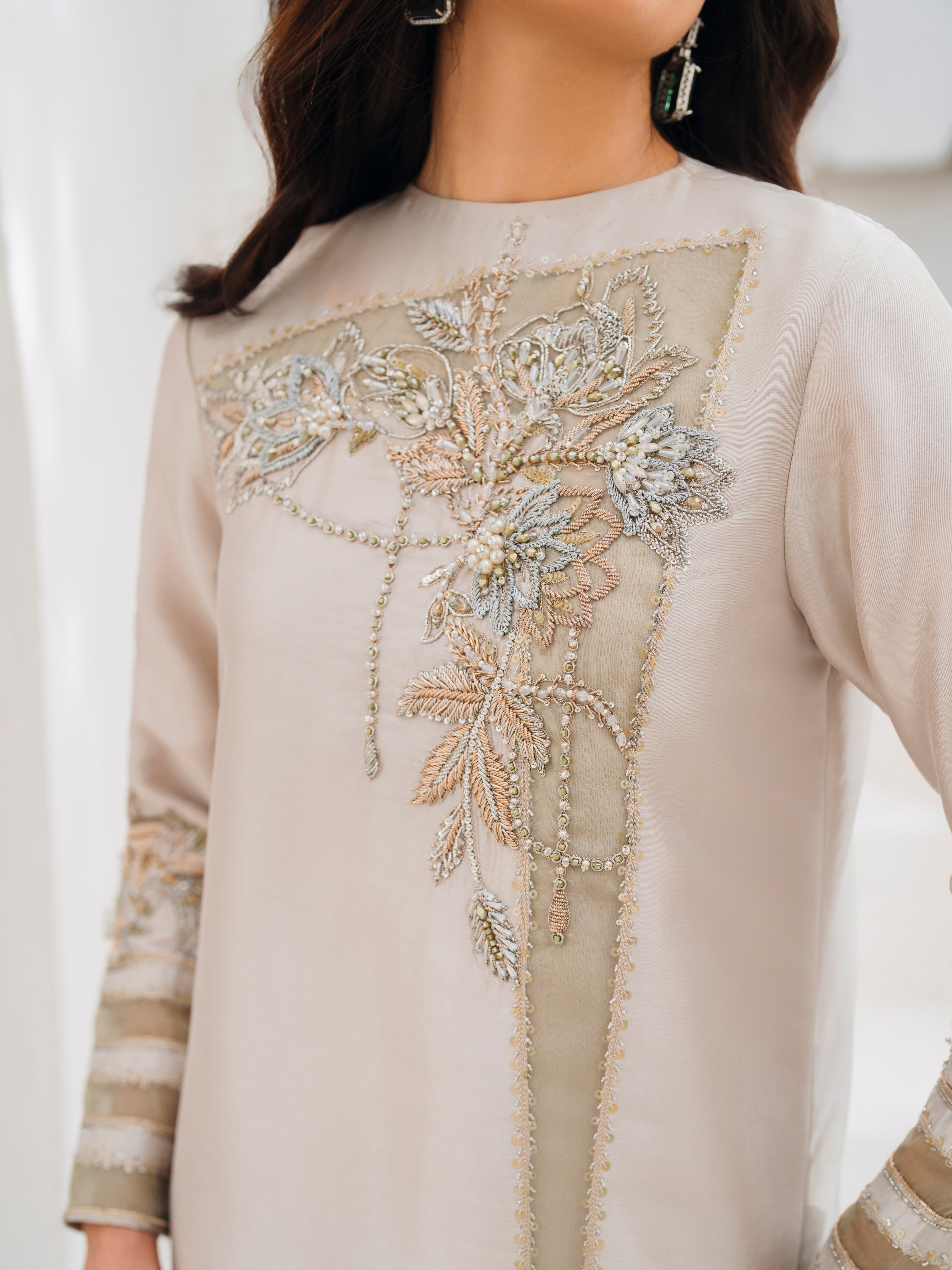 Pakistani Misty Jade Hand Embellished Raw Silk Salwar Kameez (2-Piece) - Image 2