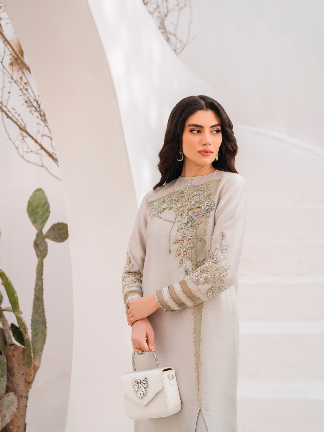 Pakistani Misty Jade Hand Embellished Raw Silk Salwar Kameez (2-Piece) - Image 3