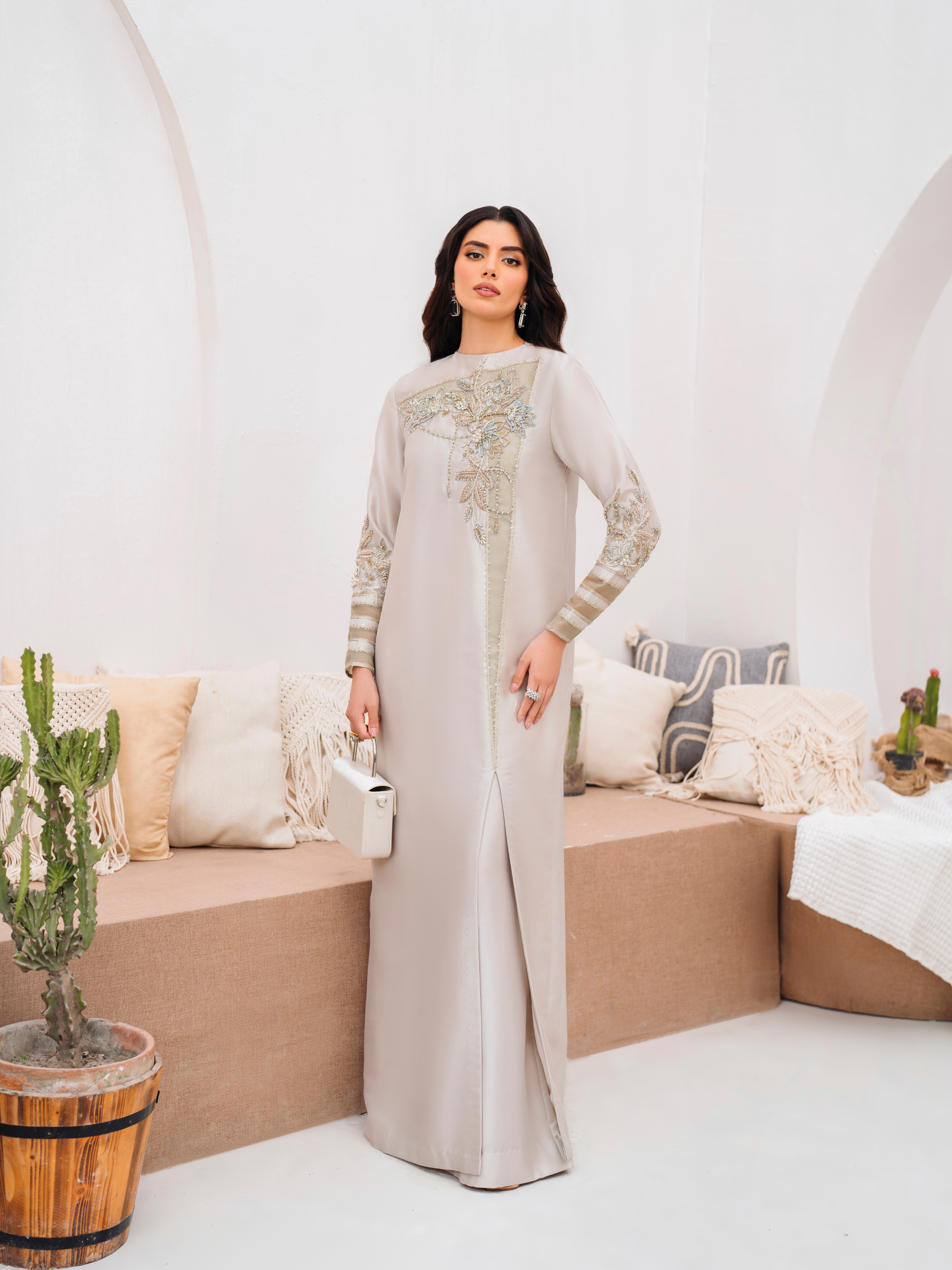 Pakistani Misty Jade Hand Embellished Raw Silk Salwar Kameez (2-Piece) - Image 5