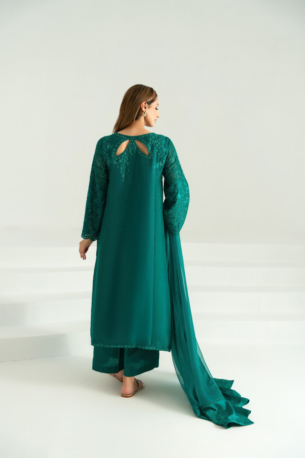 Emerald Green Hand Embroidered Silk Kameez (3-Piece) - Image 3