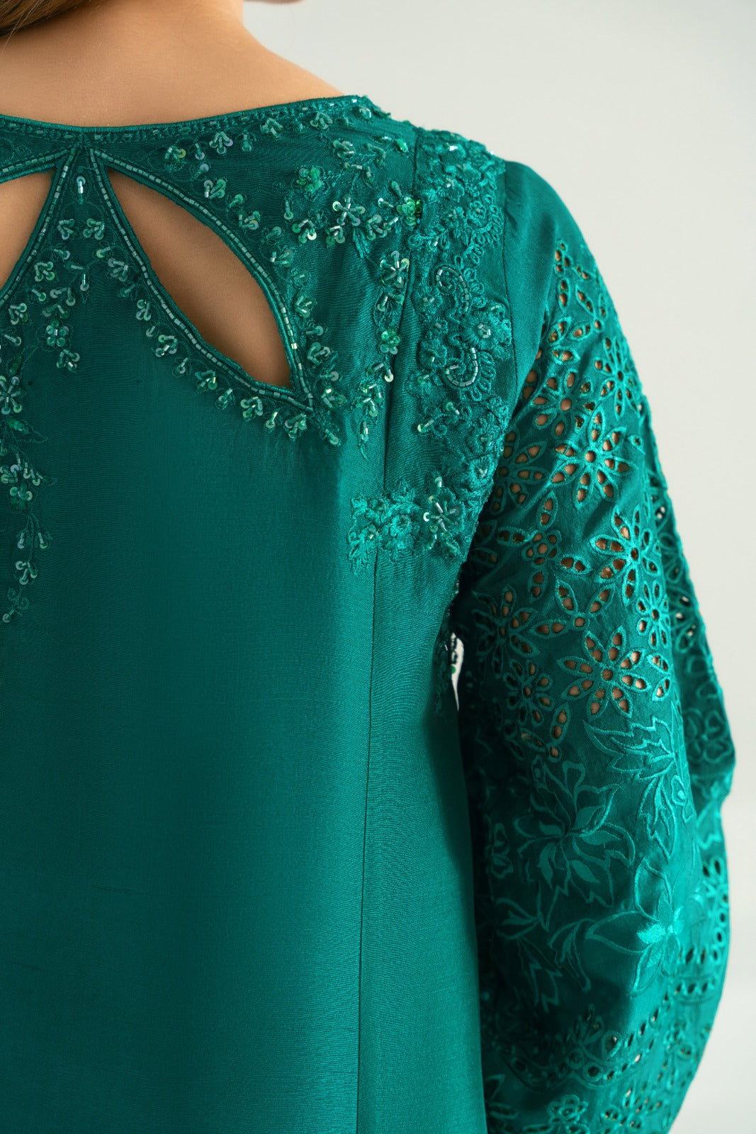 Emerald Green Hand Embroidered Silk Kameez (3-Piece) - Image 6